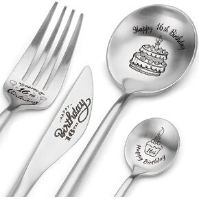 Happy sweet 16th Birthday Spoon&Fork Gifts Engraved Cutlery Set Personalized Birthday Gifts for Son Daughter Sister Brother Friends