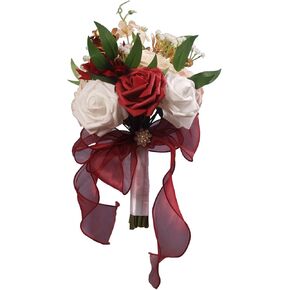 Wedding Bouquets for Bride, Burgundy & White Bridal Bridesmaid Wedding Flowers with Silk Ribbon, Artificial Toss Rose for Civil Ceremony
