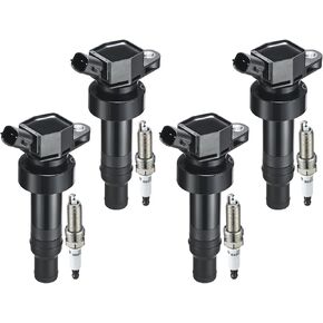 Set of 4 UF652 Ignition Coil Pack and 93815 Spark Plugs 4 Pack Compatible with 2012-2019 Kia Soul Rio 2012-2019 Hyundai Accent Veloster 1.6L 2.0L L4 Replaces C1803 5C1860 27301-2B100 273012B100