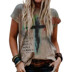 Christian T-Shirt Women Crewneck Short Sleeve Cross Letter Print Graphic Tops
