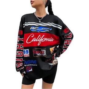 WDIRARA Women's Graphic Long Sleeve Jersey T Shirts Oversized Y2k Racing Print Streetwear Tee Tops