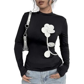 GORGLITTER Women's 3D Flower Shirt Pullover Y2K Crew Neck Long Sleeve T-Shirt Streetwear