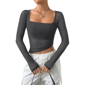 Milumia Women's Mesh Square Neck Long Sleeve Sheer Crop Top Hanky Hem T-Shirts