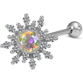 CZ Snowflake Tongue Barbell Ring for Women Men Stainless Steel Crystal Winter Frozen Flower Cartilage Nipple Screw Back Ball Body Piercing Stud Earrings Dainty Christmas Jewelry Gifts 14G
