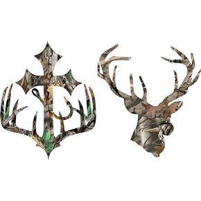 H-TRADINGS 2 IN 1 PACK Cross Hunting Deer, Fish Hook Camo Decal & Large Antler deer head camo sticker decal CAR,TRUCK,BUMPER, WINDOWS,SUV,SPORTBIKES,SNOWMOBILES 5 INCHES