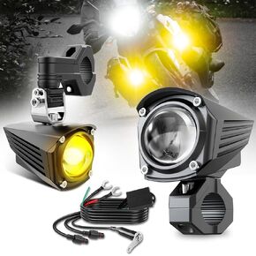 Motorcycle LED Fog Lights Auxiliary Driving Light 60W 18000LM Dual Color Spotlights White Amber Strobe Flashing Lights with 5 Modes Wire Harness Kit, for Car Truck Boat ATV UTV, 2PCS