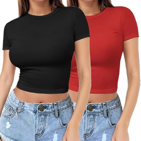 2 Piece Womens Short Sleeve Crop Top Crew Neck Y2K Shirt Sexy Slim Fitted Casual Base Layer Soft Workout Shirt Going Out Tops