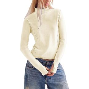Turtleneck Long Sleeve Shirts for Women Casual Fall Basic Layering Top Elastic Pullover Shirts Lightweight