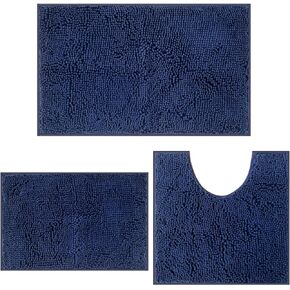 RUN HELIX Navy Blue Bath Mat Set, 3 Pieces, Chenille, Non Slip, Absorbent, Washable, Plush, Ultra Soft, Bathroom, Tub, Shower