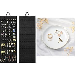Lolalet Hanging Earring Holder Organizer with 20 Hooks for Women Bundle with Ceramic Jewelry Tray 4.52" Initials Ring Dish Decorative Trinket Dish(Letter A)