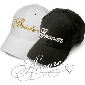 Gold Bride and Groom Wedding Baseball Caps Hats GOLD Embroidery on White Hat