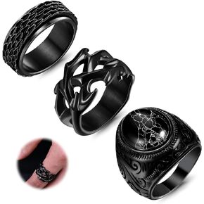 Sanfenly Black Rings for Men, Mens Stainless Steel Fidget Ring Anxiety Ring Spinner Spinning Thumb Finger Ring, Retro Vintage Turquoise Stone Ring, Cool Unique Punk Biker Ring, Fashion Male Jewelry Rings Set, Rings Size 7-15