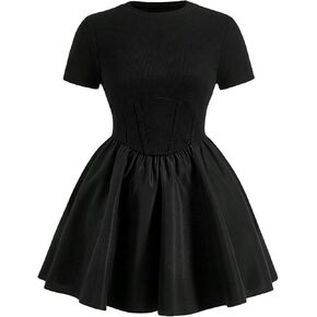 Women's Plus Size Dress High Waist Short Sleeve Crewneck Flare Dress Tummy Control A Line Tunic Dress