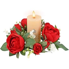 mdgfge Valentine's Day Red Roses Candle Rings Wreaths Artificial Flowers Wedding Centerpieces Candle Holder with Green Leaves for Engagement Farmhouse Party Front Door Home Tables Decoration Supplies