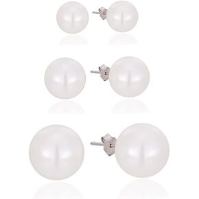 10-14mm Big Pearl Earrings - 3Pair 18k Gold Plated Sterling Silver Oversized Faux Round Studs White Pearl Earrings Ladies Pearl Earrings Pearl Freshwater Cultured Pearl Studs Earrings Jewelry For Women Girls