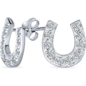 Lucky Equestrian Cubic Zirconia Pave CZ Horseshoe Stud Earrings Western Jewelry For Women Graduation .925 Sterling Silver