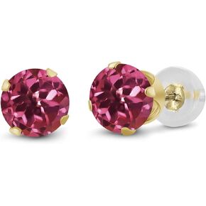 Gem Stone King 14K Yellow Gold Pink Tourmaline Stud Earrings For Women Men | 0.48 Cttw | Gemstone October Birthstone | Round 4MM