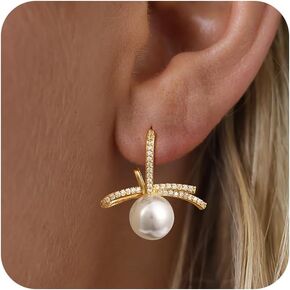 Gold Earrings for Women - Pearl Earrings Cute Gold Stud Earrings Dainty Cubic Zirconia Stud Earrings for Women Trendy Pearl Jewelry