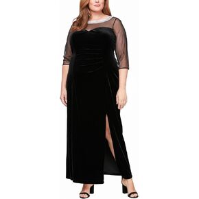 Alex Evenings Women's Plus Size Long Velvet Shift Mother of The Bride Dress with 3/4 Illusion Sleeves and Side Ruching