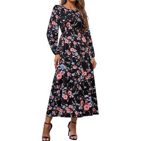 HTZMO Women's Puff Long Sleeve Floral Maxi Dress Tie Waist Flowy Swing 2025 Casual Summer Long Dresses