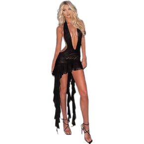 Women's Sexy Slim-Fitting See-Through Mesh Backless Low-Cut Halter Neck Hip-Wrapped Short Dress