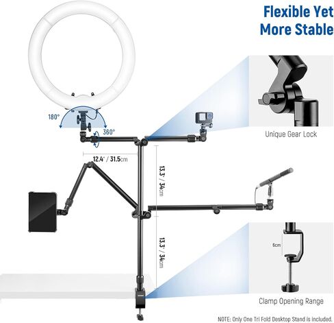 NEEWER Flexible Overhead Camera Mount Desk Stand with Phone Holder, 35.4" Aluminum Alloy Articulating Webcam Stand Arm with C Clamp, Tabletop Mount for Ring Light Camera Smartphone Projector, ST3A in Saudi Arabia