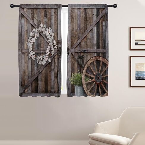 Coxila مزرعة نافذة الستائر لغرفة النوم 42 × 63 بوصة قضيب جيب ريفي الحظيرة باب الخشب الخشبي الغربي خمر البلد مزرعة منزل غرفة المعيشة العلاج مجموعة من 2 لوحات الستار الستائر in Kuwait