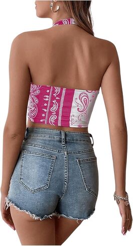 SOLY HUX Halter Tops for Women Paisley Print Bandana Shirt Cowgirl Outfits Country Concert Tops Color Block Crop Top in Kuwait