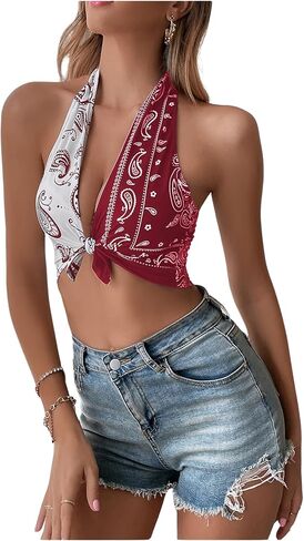 SOLY HUX Halter Tops for Women Paisley Print Bandana Shirt Cowgirl Outfits Country Concert Tops Color Block Crop Top in Kuwait