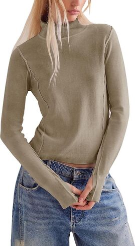 Turtleneck Long Sleeve Shirts for Women Casual Fall Basic Layering Top Elastic Pullover Shirts Lightweight in Saudi Arabia