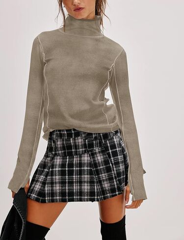 Turtleneck Long Sleeve Shirts for Women Casual Fall Basic Layering Top Elastic Pullover Shirts Lightweight in Saudi Arabia
