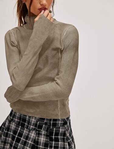 Turtleneck Long Sleeve Shirts for Women Casual Fall Basic Layering Top Elastic Pullover Shirts Lightweight in Saudi Arabia