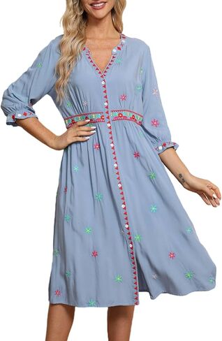 LauraKlein Boho Embroidered Button-Down Dresses for Women Spring Summer Casual 3/4 Sleeve Dress Vacation Beach Shirt Dress in Saudi Arabia