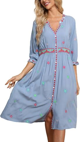LauraKlein Boho Embroidered Button-Down Dresses for Women Spring Summer Casual 3/4 Sleeve Dress Vacation Beach Shirt Dress in Saudi Arabia