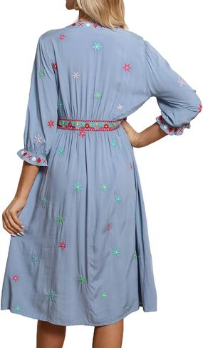 LauraKlein Boho Embroidered Button-Down Dresses for Women Spring Summer Casual 3/4 Sleeve Dress Vacation Beach Shirt Dress in Saudi Arabia