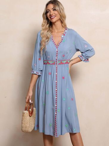 LauraKlein Boho Embroidered Button-Down Dresses for Women Spring Summer Casual 3/4 Sleeve Dress Vacation Beach Shirt Dress in Saudi Arabia