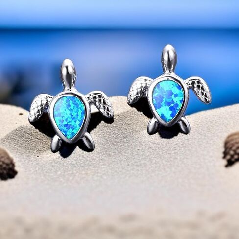 Opal Sea Turtle Earrings,925 Sterling Silver Sea Turtle Earrings Hypoallergenic Animal Stud Earrings for Women Birthstone Earring Jewelry Gift in Saudi Arabia
