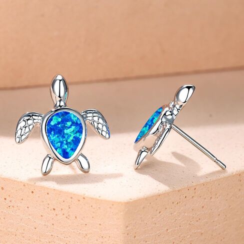 Opal Sea Turtle Earrings,925 Sterling Silver Sea Turtle Earrings Hypoallergenic Animal Stud Earrings for Women Birthstone Earring Jewelry Gift in Saudi Arabia