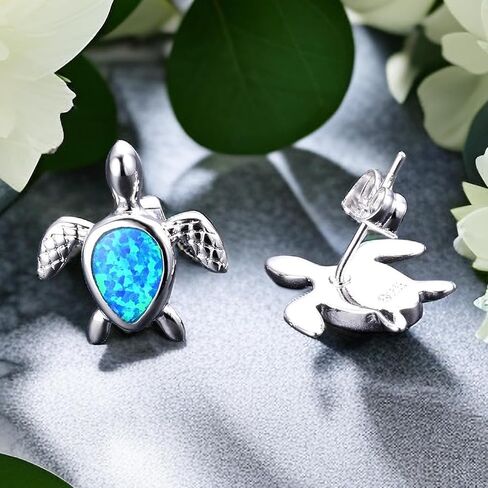 Opal Sea Turtle Earrings,925 Sterling Silver Sea Turtle Earrings Hypoallergenic Animal Stud Earrings for Women Birthstone Earring Jewelry Gift in Saudi Arabia