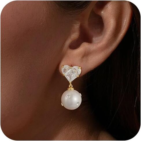Gold Earrings for Women - Pearl Earrings Cute Gold Stud Earrings Dainty Cubic Zirconia Stud Earrings for Women Trendy Pearl Jewelry in Saudi Arabia