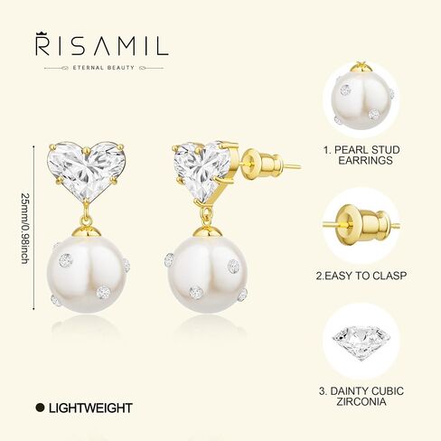 Gold Earrings for Women - Pearl Earrings Cute Gold Stud Earrings Dainty Cubic Zirconia Stud Earrings for Women Trendy Pearl Jewelry in Saudi Arabia