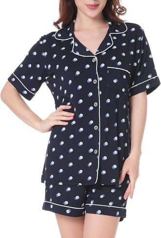 Womens Pajamas Set, Short Sleeve Sleepwear Button Down Nightwear Soft PJS Loungewear Set in Saudi Arabia