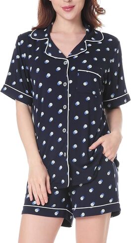 Womens Pajamas Set, Short Sleeve Sleepwear Button Down Nightwear Soft PJS Loungewear Set in Saudi Arabia