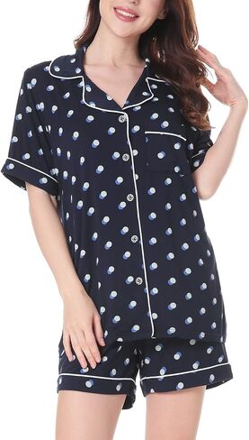 Womens Pajamas Set, Short Sleeve Sleepwear Button Down Nightwear Soft PJS Loungewear Set in Saudi Arabia