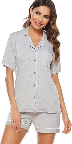 Womens Pajamas Set, Short Sleeve Sleepwear Button Down Nightwear Soft PJS Loungewear Set in Saudi Arabia