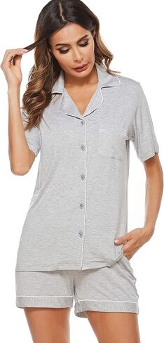 Womens Pajamas Set, Short Sleeve Sleepwear Button Down Nightwear Soft PJS Loungewear Set in Saudi Arabia