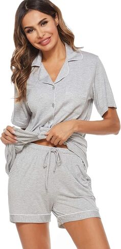 Womens Pajamas Set, Short Sleeve Sleepwear Button Down Nightwear Soft PJS Loungewear Set in Saudi Arabia