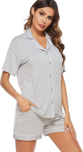 Womens Pajamas Set, Short Sleeve Sleepwear Button Down Nightwear Soft PJS Loungewear Set in Saudi Arabia