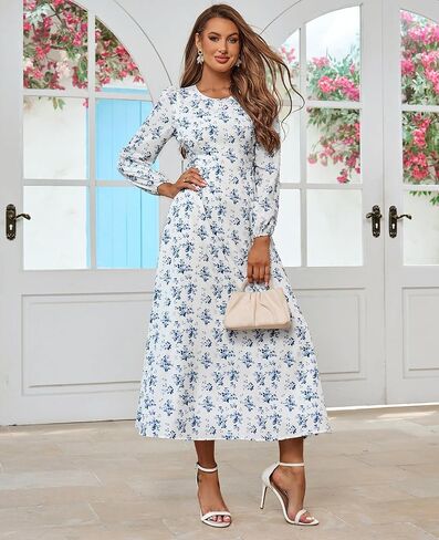 HTZMO Women's Puff Long Sleeve Floral Maxi Dress Tie Waist Flowy Swing 2025 Casual Summer Long Dresses in Saudi Arabia