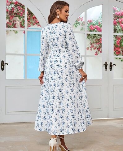 HTZMO Women's Puff Long Sleeve Floral Maxi Dress Tie Waist Flowy Swing 2025 Casual Summer Long Dresses in Saudi Arabia